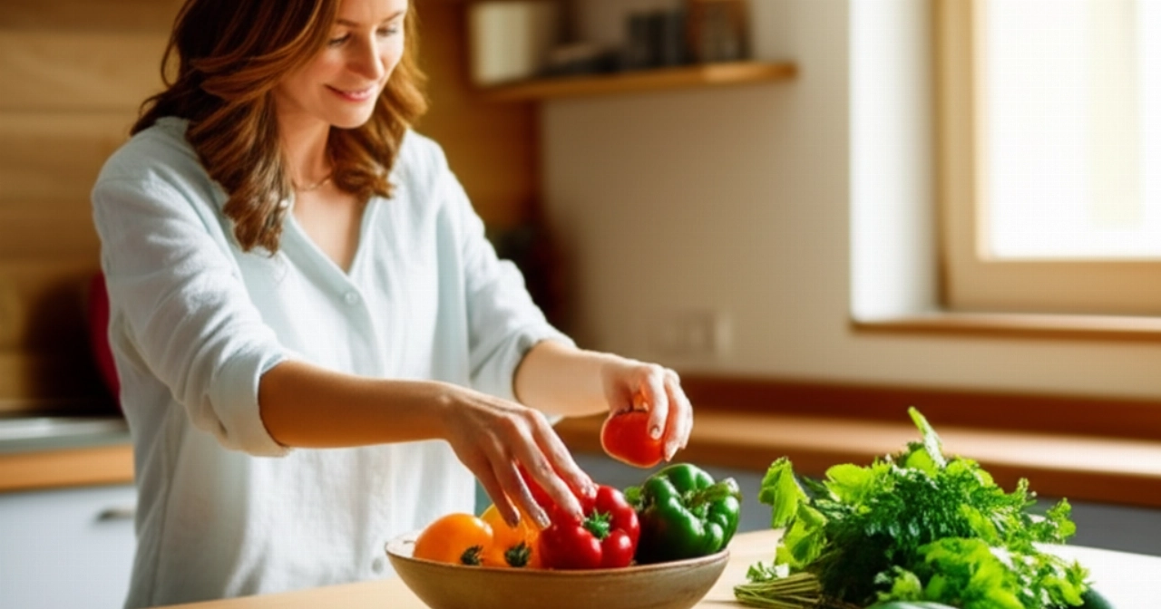 Scena iperrealistica di una donna caucasica serena che prepara un pasto sano con verdure fresche in una cucina ben illuminata, simboleggiando la cura e la disciplina del digiuno intermittente.