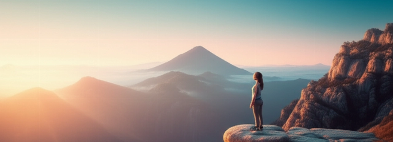 Immagine iperrealistica di una donna caucasica in piedi su una scogliera, che ammira un vasto paesaggio montano all'alba, simboleggiando la pace interiore e il benessere raggiunti attraverso il digiuno.
