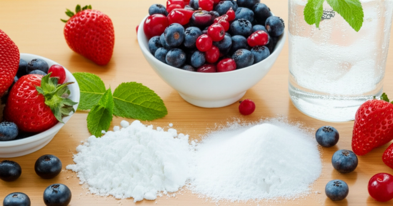 Natura morta iperrealistica con dolcificanti di vario tipo, frutti di bosco freschi e un bicchiere d'acqua frizzante su un tavolo di legno chiaro.