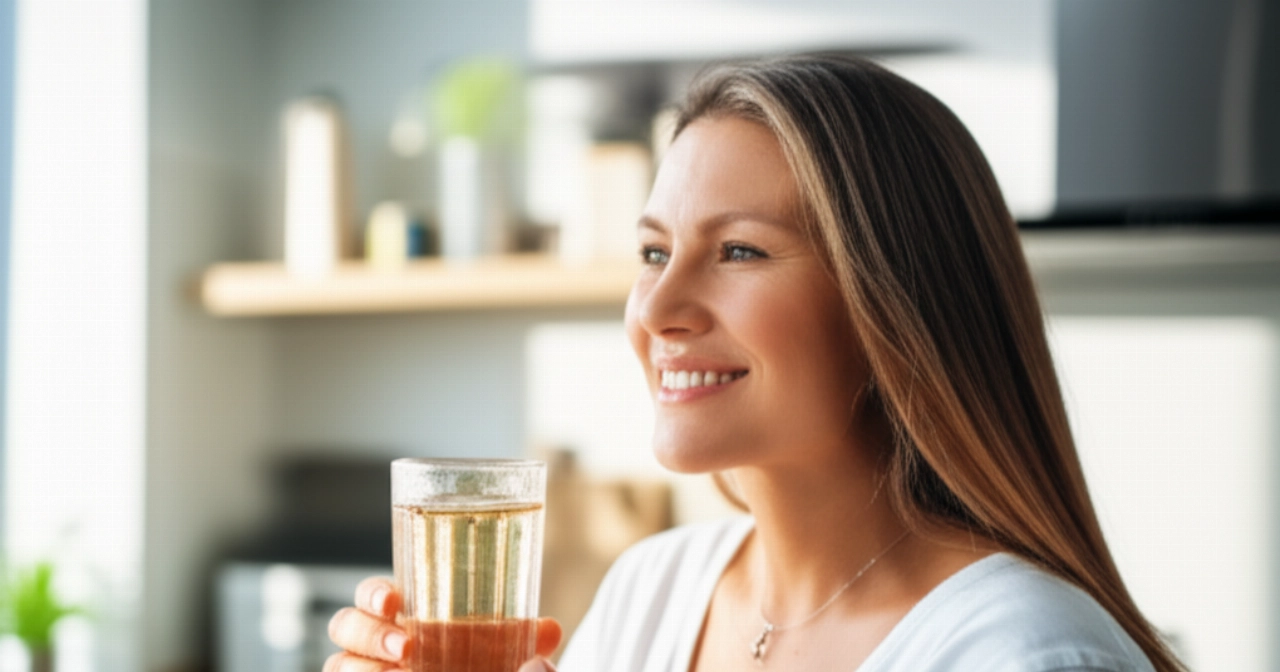 Ritratto iperrealistico di una donna caucasica sorridente, di circa 35 anni, che beve un tè freddo senza zucchero in una cucina moderna e luminosa.