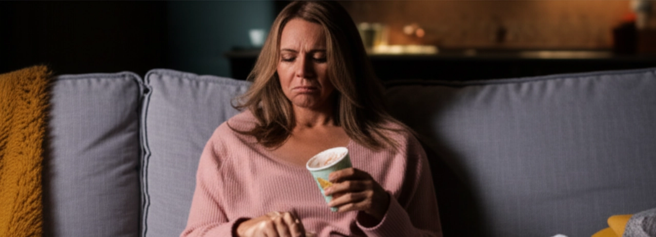 Una donna caucasica affaticata o triste siede su un divano, consolandosi con una vaschetta di gelato e dei fazzoletti, simboleggiando il mangiare emotivo e lo stress.