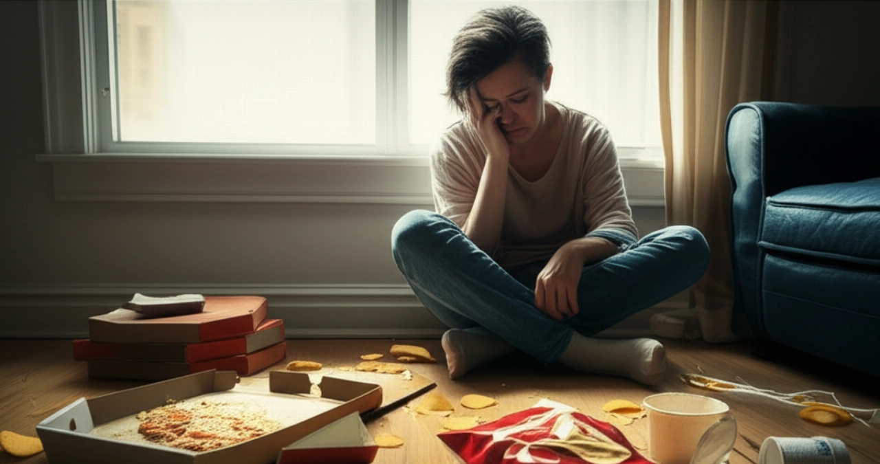 Una persona caucasica seduta sul pavimento di un soggiorno disordinato, circondata da contenitori di cibo vuoti, con un'espressione di profondo rimpianto ed esaurimento.