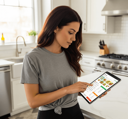 Donna che consulta un piano alimentare su un tablet in cucina