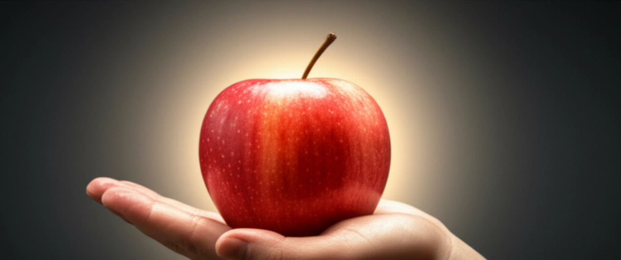 Una mela rossa iperrealistica tenuta in una mano caucasica, con una luce dorata che emana, a simboleggiare l'energia sostenuta e l'impatto positivo sul controllo glicemico.