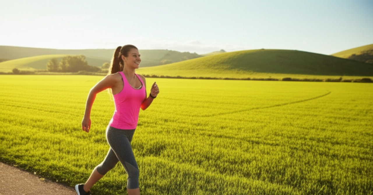 Una donna caucasica in abbigliamento sportivo che cammina energicamente in un vasto campo verde al tramonto, simboleggiando la vitalità e il benessere derivanti da una gestione ottimale dell'indice glicemico.