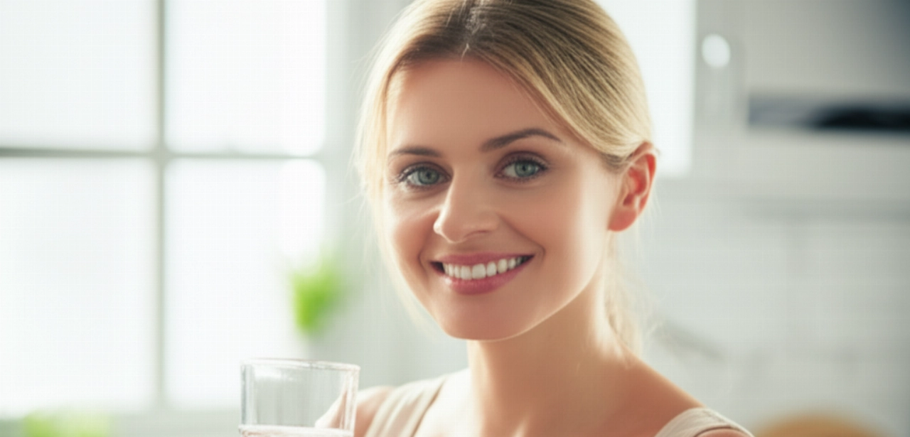 Primo piano di una donna caucasica sorridente e sicura di sé, in una cucina moderna, che tiene in mano un bicchiere d'acqua, rappresentando salute e successo personale.