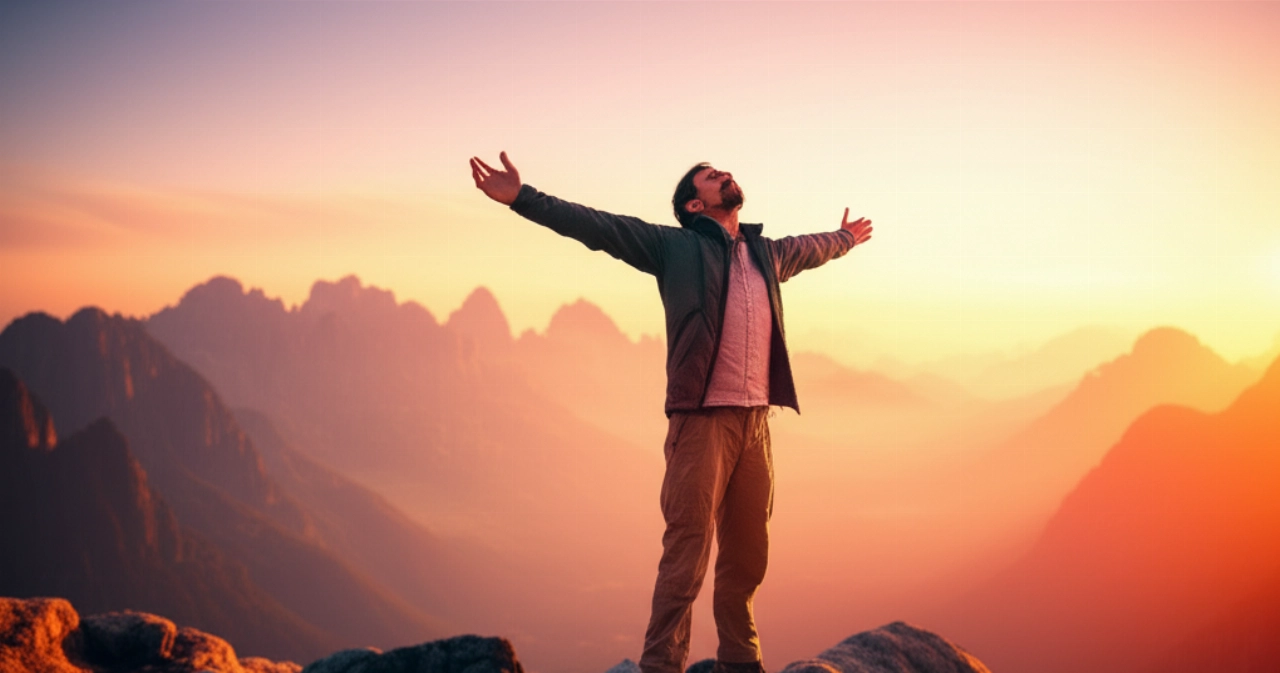 Uomo caucasico in cima a una montagna all'alba, con le braccia aperte, che ammira un paesaggio mozzafiato, simboleggiando libertà e un nuovo inizio nel percorso di benessere.