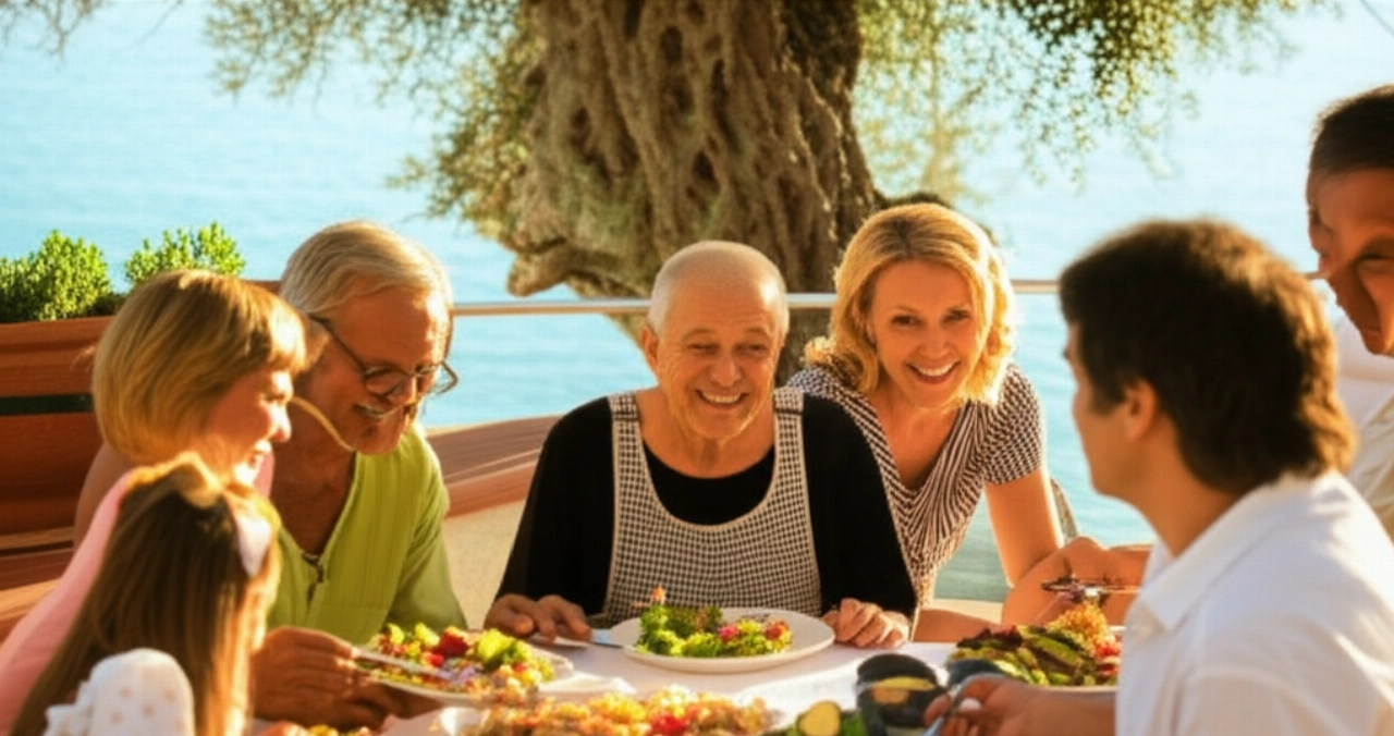 Multi-generational Caucasian family sharing an outdoor Mediterranean meal on a sunny terrace with sea view, featuring dishes of salads, grilled vegetables, and fruit.