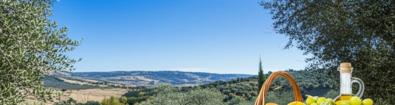 Idyllic Mediterranean landscape with ancient olive groves under a blue sky and a basket of fresh produce like oranges, grapes, and artichokes in the foreground.