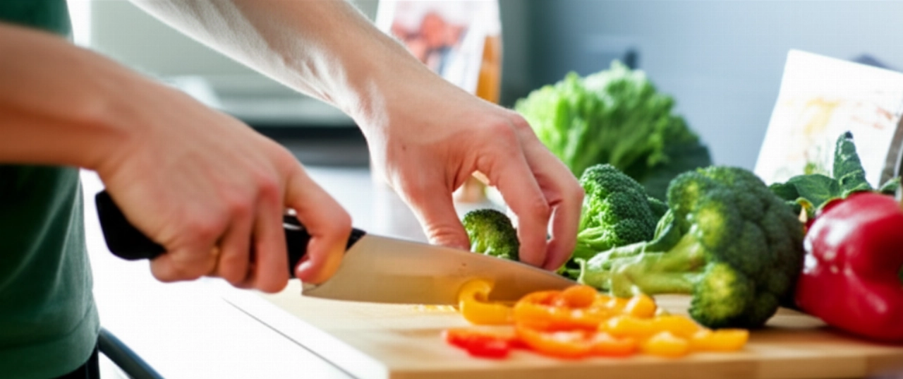 Un uomo caucasico prepara un pasto sano in cucina, con un'etichetta alimentare visibile in sottofondo.
