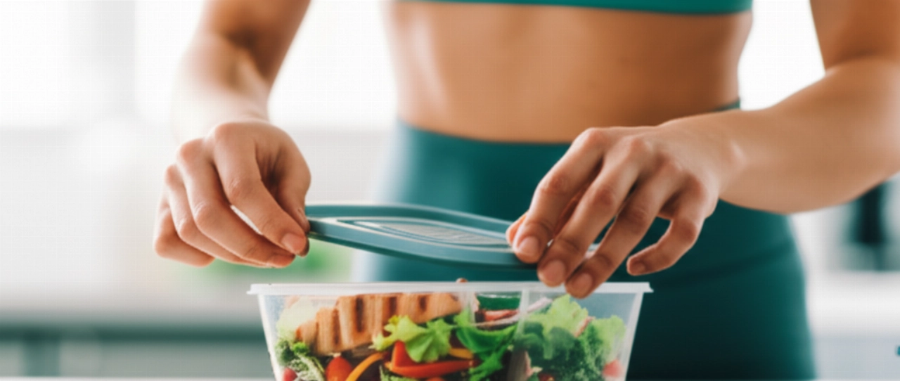 Donna caucasica sorridente che chiude un contenitore per meal prep con un'insalata fresca e pollo grigliato, in una cucina luminosa.
