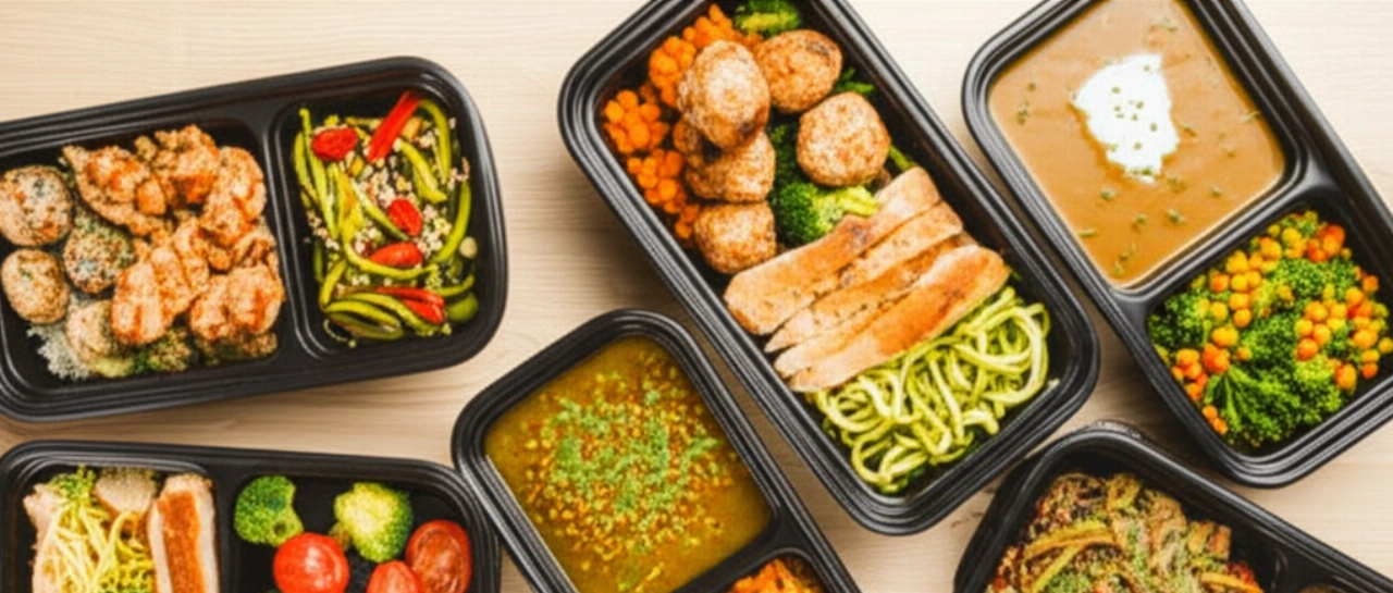 Vista dall'alto di una varietà di contenitori per meal prep, con pasti sani e bilanciati come polpette di tacchino, zuppa di lenticchie e stir-fry di pollo, disposti su un tavolo di legno.