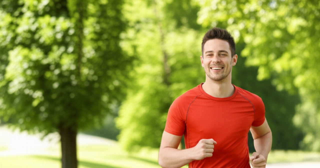 Uomo caucasico che corre in un parco, irradiando energia e vitalità grazie a uno stile di vita sano.