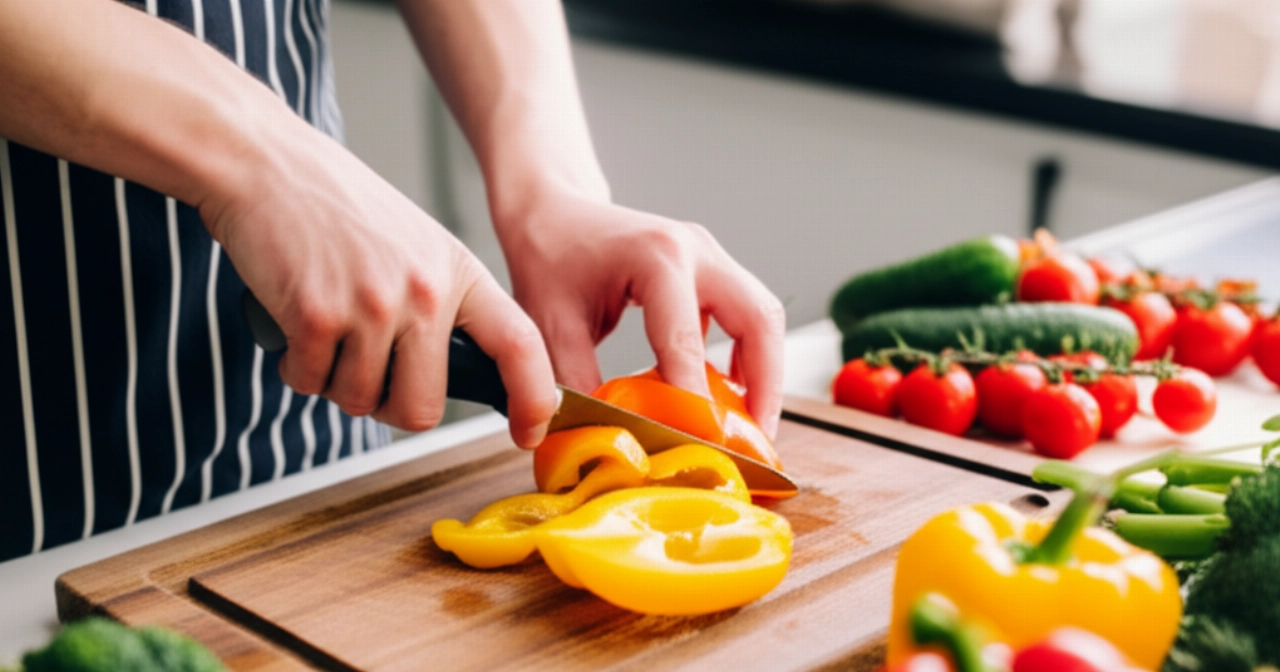 Mani caucasiche affettano verdure fresche su un tagliere in legno, circondate da ingredienti colorati per un pasto sano.