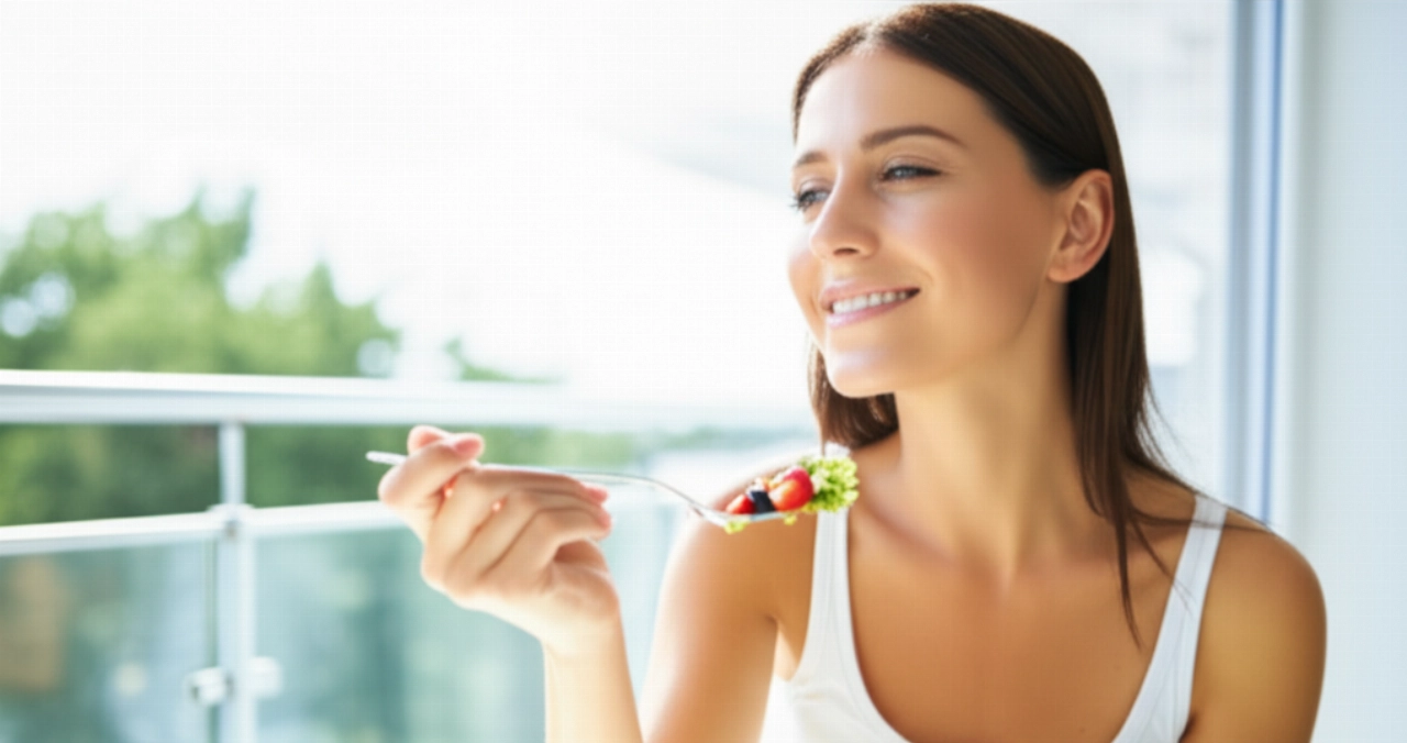 Una donna caucasica sorride serenamente mentre si prepara a gustare un'insalata fresca e salutare in un ambiente luminoso.