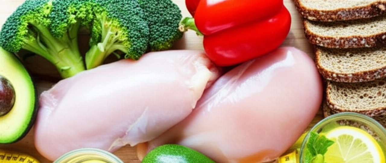 Una composizione iperrealistica dall'alto di ingredienti freschi e colorati come verdure, pollo e frutta, perfetti per pasti sani e la perdita di peso.