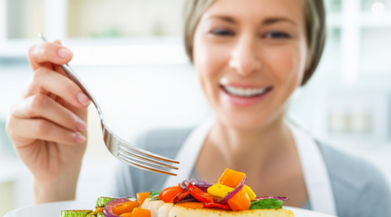 Donna caucasica sorridente che assaggia un piatto di merluzzo al forno con verdure, in un ambiente luminoso e accogliente.
