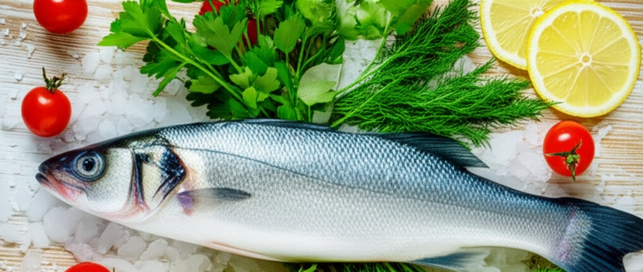 Composizione iperrealistica dall'alto di ingredienti freschi: branzino su ghiaccio, limoni, erbe aromatiche e pomodorini su una tavola di legno.