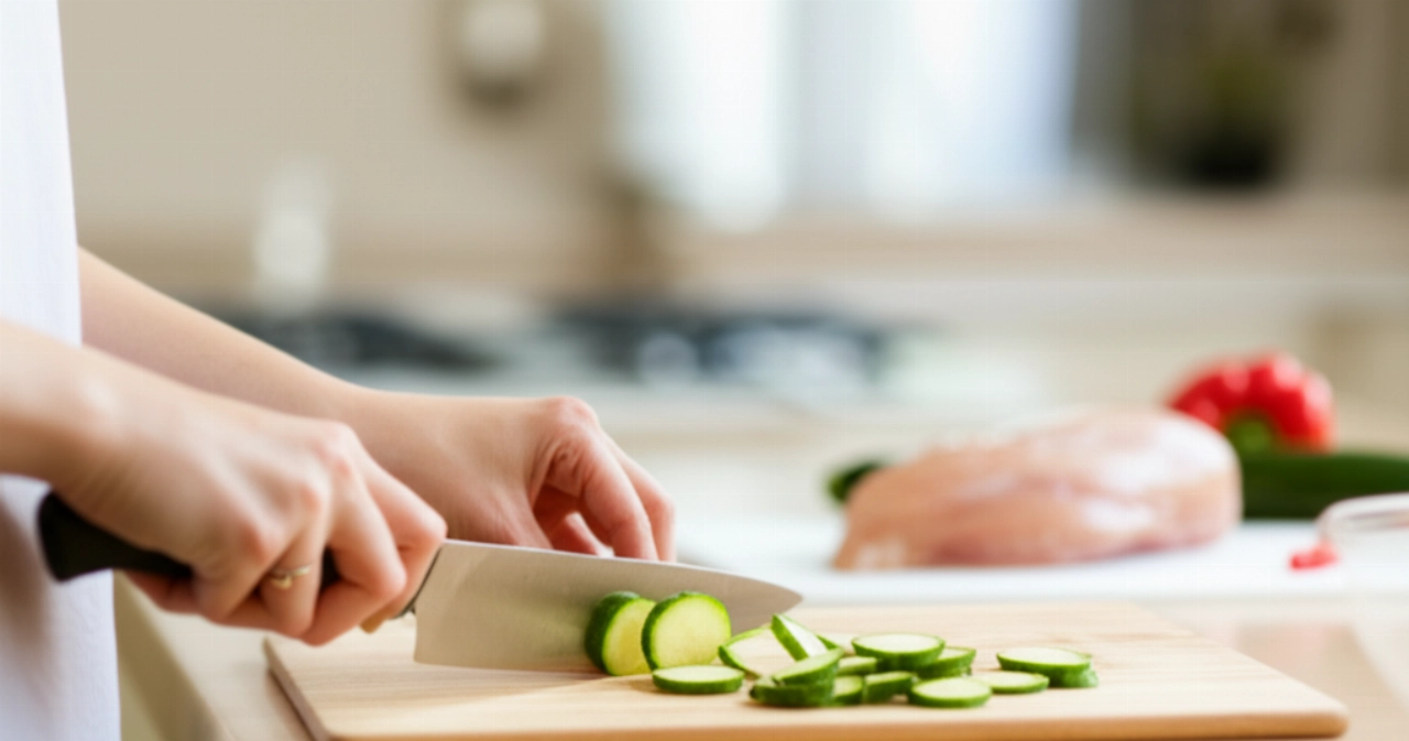 Dettaglio iperrealistico delle mani di una donna caucasica che affetta zucchine e peperoni su un tagliere in legno, con un petto di pollo crudo sullo sfondo in una cucina luminosa.