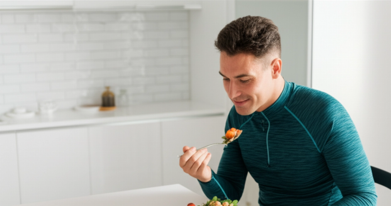 Uomo caucasico in abbigliamento sportivo che sorride mentre mangia un'insalata di pollo salutare con quinoa e spinaci su un'isola cucina moderna e luminosa.