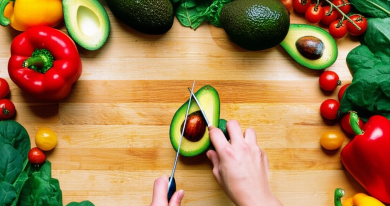 Primo piano iperrealistico di mani caucasiche che affettano un avocado su un tagliere di legno, circondato da verdure fresche e colorate.