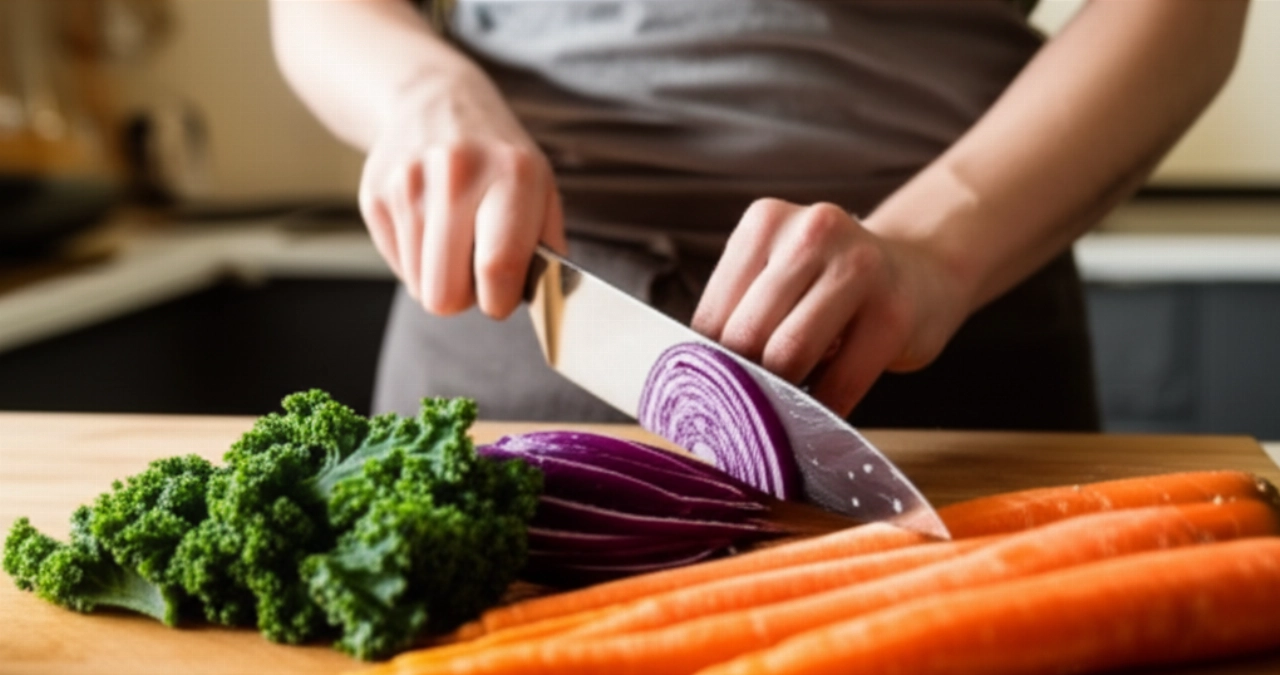 Mani caucasiche che tagliano verdure invernali fresche e colorate su un tagliere di legno in una cucina luminosa, con un focus sulla preparazione sana.