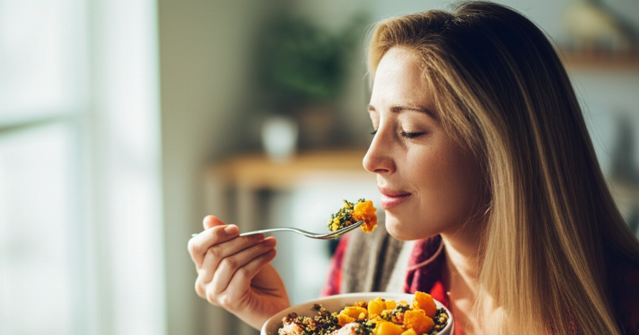 Una donna caucasica serena che gusta un pasto leggero e sano vicino a una finestra illuminata dal sole, trasmettendo un senso di benessere invernale.