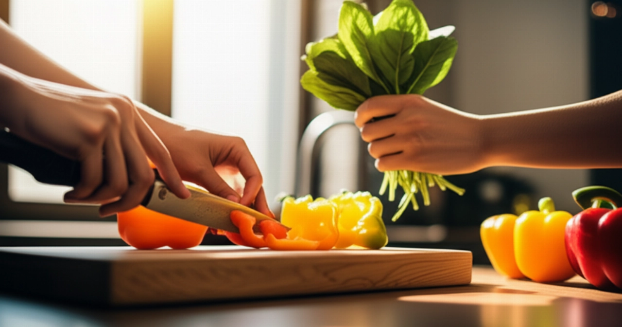 Mani caucasiche affettano verdure fresche su un tagliere in una cucina moderna, con luce solare che illumina la scena.