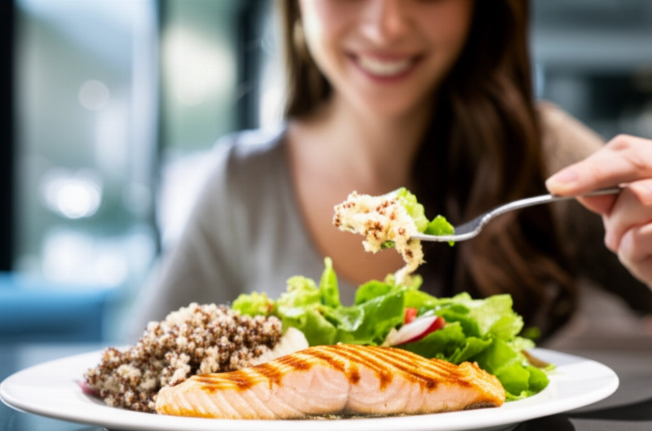 Immagine iperrealistica di un piatto bilanciato e salutare con salmone grigliato, quinoa e insalata, su un tavolo da pranzo. Una donna caucasica sorridente è sfocata sullo sfondo.