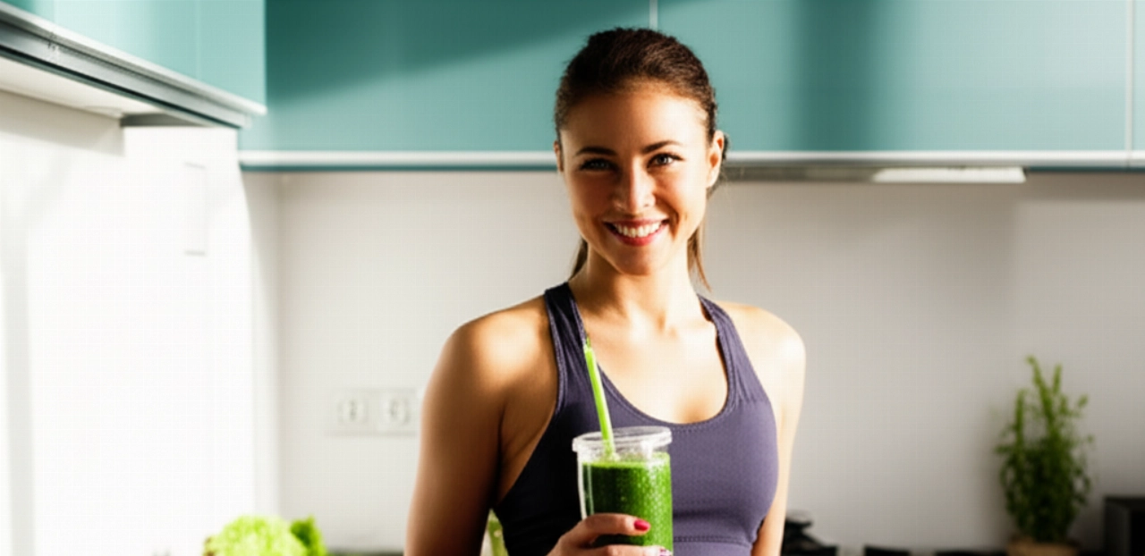 Ritratto iperrealistico di una donna caucasica in abbigliamento sportivo che sorride mentre tiene un frullato verde, in una cucina moderna e illuminata dal sole, trasmettendo energia e benessere.