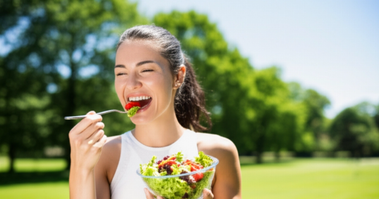 Una donna caucasica sorridente e in forma che mangia un'insalata fresca e colorata in un parco soleggiato, con alberi sfocati sullo sfondo.