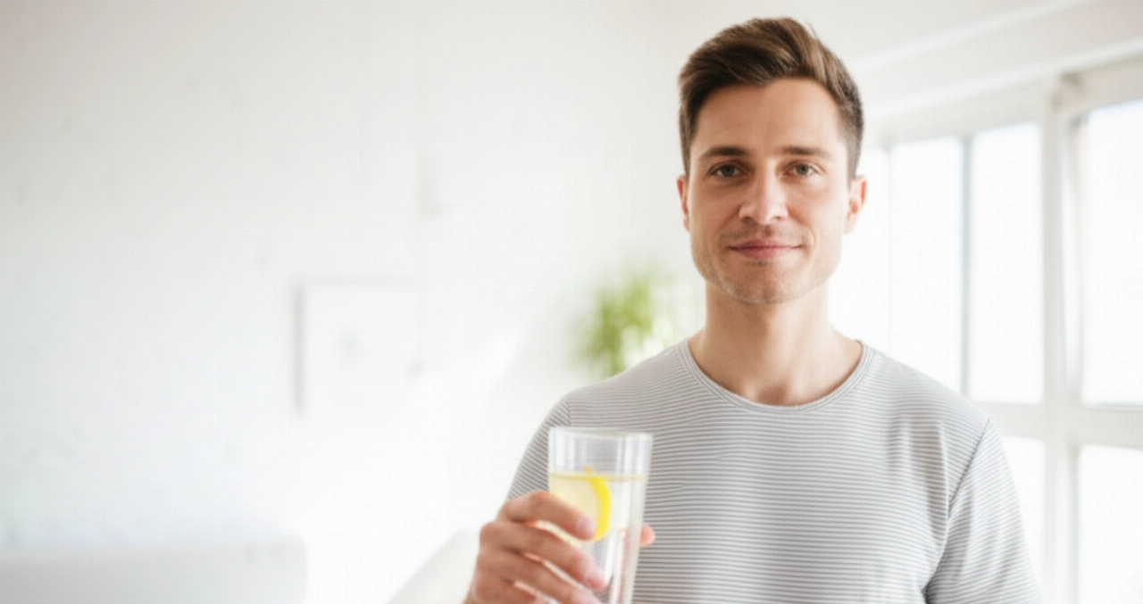 Un uomo caucasico dall'aspetto sano e fiducioso, che tiene un bicchiere d'acqua con limone in un ambiente luminoso e minimalista.