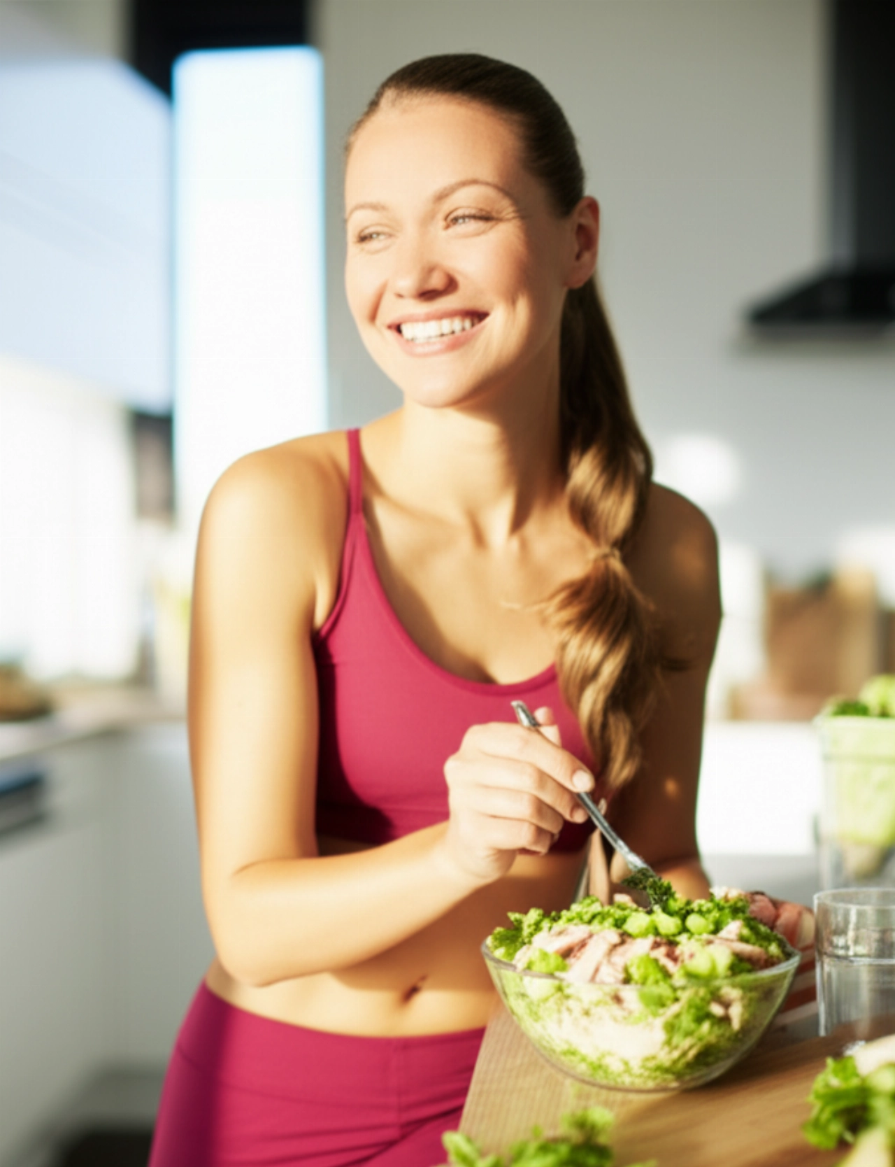 Una donna caucasica in forma, sorridente, seduta in una cucina luminosa, che si appresta a gustare un'insalata proteica, simboleggiando salute e piacere nel mangiare sano.