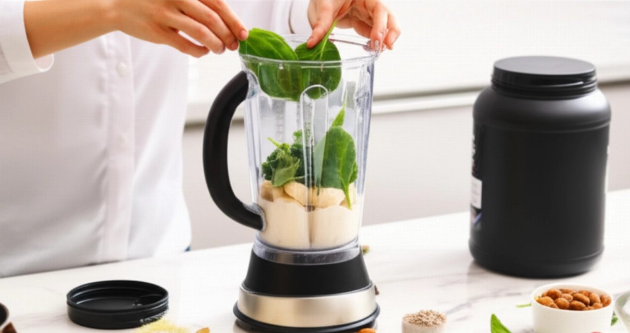 Primo piano iperrealistico di mani caucasiche che preparano un frullato proteico con spinaci freschi, banana e latte di mandorla, su un bancone da cucina pulito.
