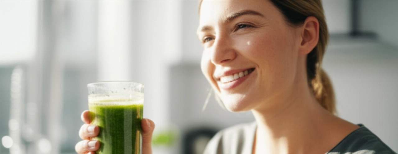 Una donna caucasica sorridente che tiene un frullato verde, simbolo di benessere e vita sana.