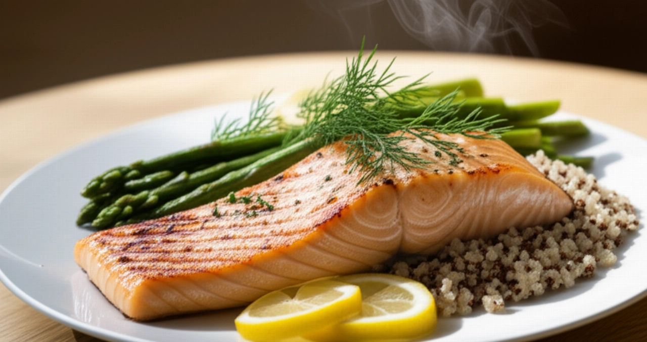 Piatto iperrealistico di salmone grigliato, asparagi e quinoa, presentato elegantemente su un tavolo di legno chiaro con luce naturale.