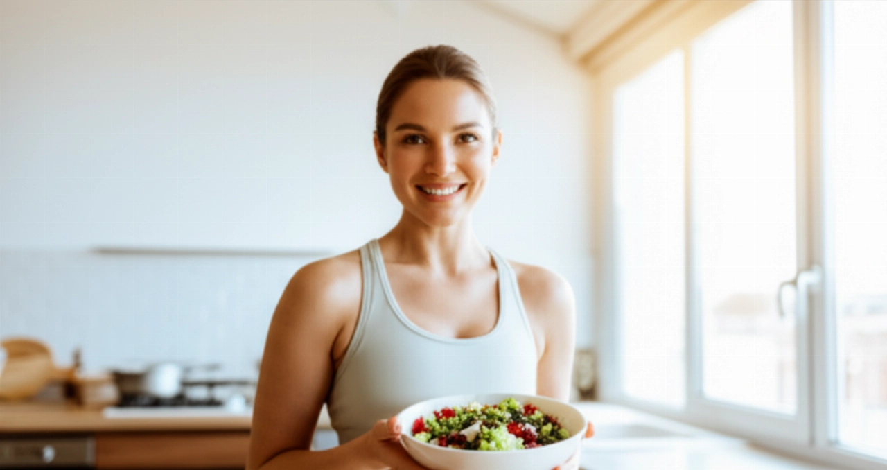 Ritratto iperrealistico di una donna caucasica sorridente e sana, che tiene una ciotola di insalata fresca in una cucina luminosa.