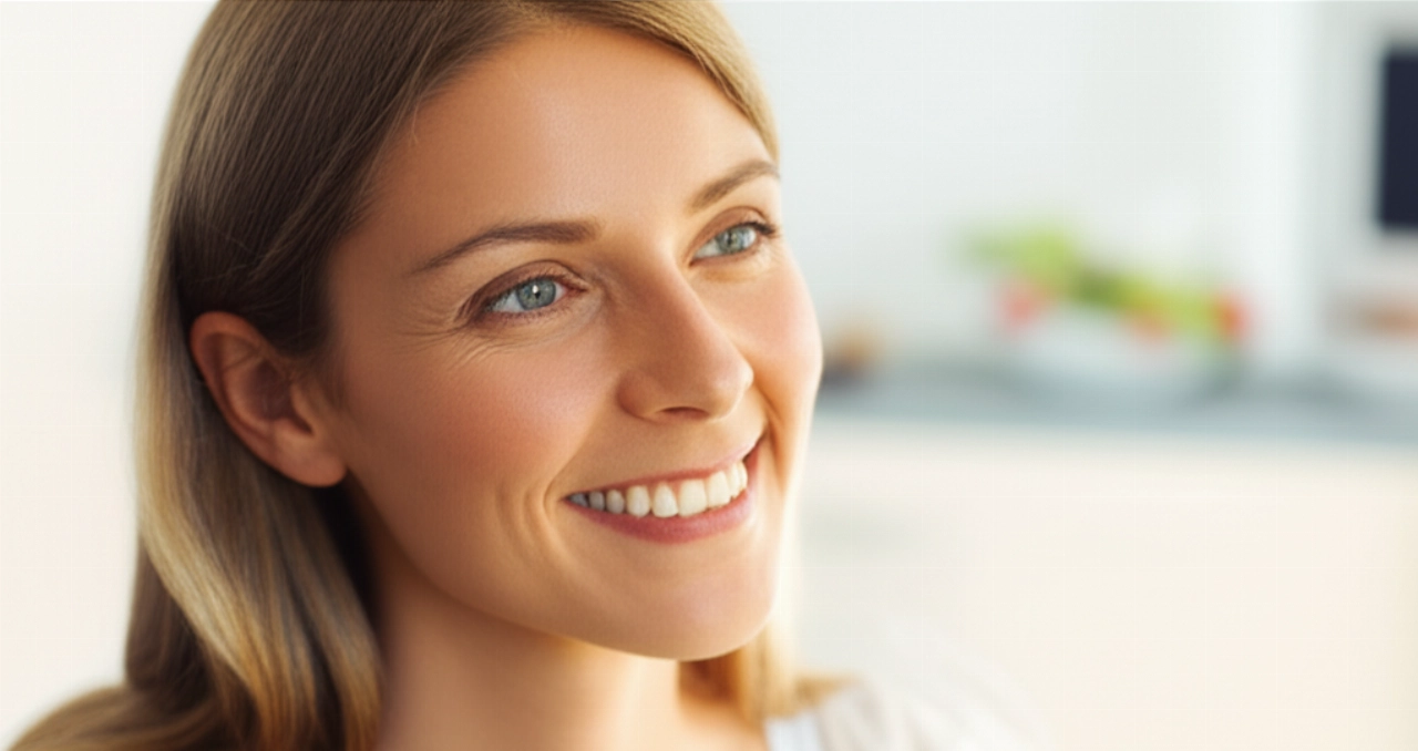 Giovane donna caucasica sorridente che gusta un'insalata fresca in una cucina luminosa, con un'espressione di benessere.