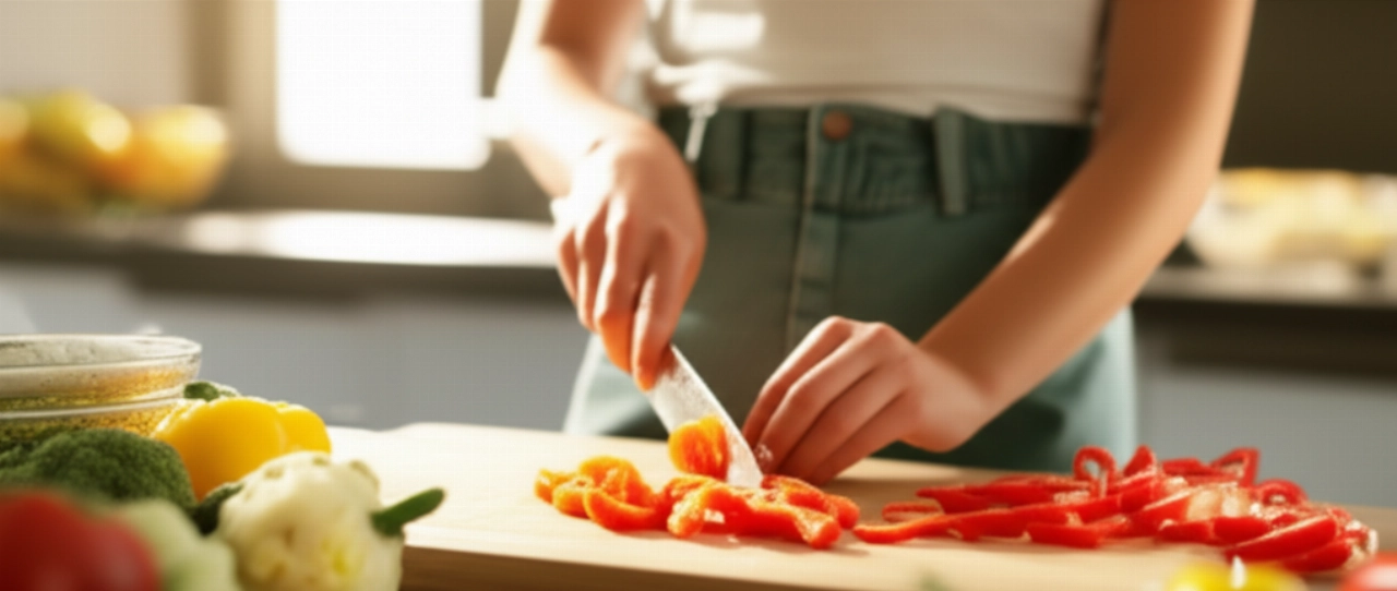 Primo piano iperrealistico delle mani di una donna caucasica che taglia verdure fresche e colorate in una cucina luminosa.