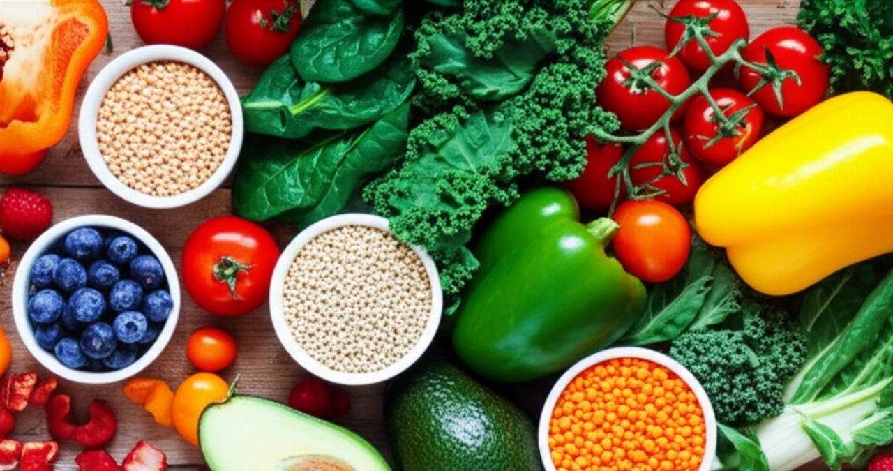 Composizione iperrealistica di ingredienti freschi e colorati per ricette vegane dimagranti, tra cui verdure, frutta e legumi, su una superficie naturale.