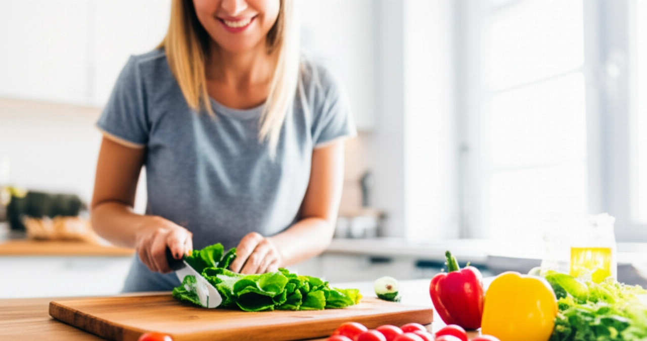 Una donna caucasica sorridente prepara un'insalata fresca in una cucina moderna e luminosa, simbolo di un'alimentazione sana.