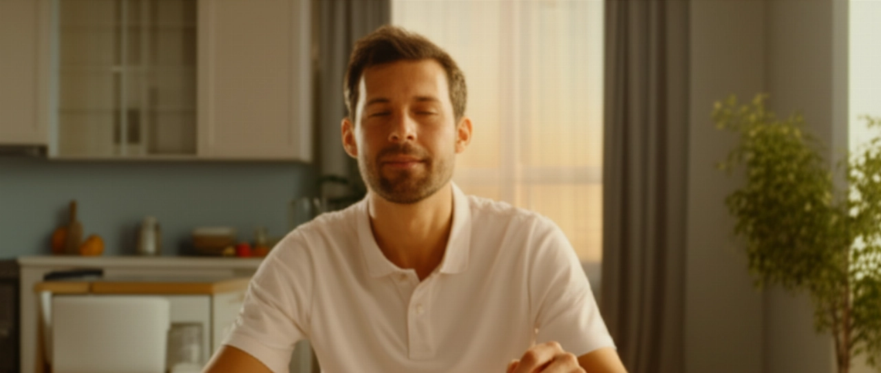 Un uomo caucasico sereno gusta una cena vegetariana leggera, con spiedini di verdure e insalata di lenticchie, in un ambiente rilassante.