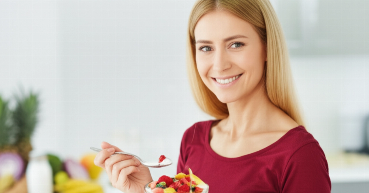 Una donna caucasica sorridente tiene una ciotola di frutta fresca e yogurt greco in una cucina luminosa.