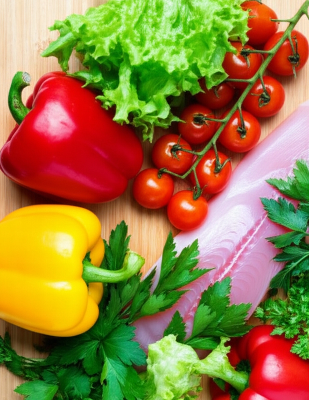 Vista dall'alto di ingredienti freschi e colorati come peperoni, pomodori e pesce su un tagliere di legno, pronti per una ricetta veloce e sana.