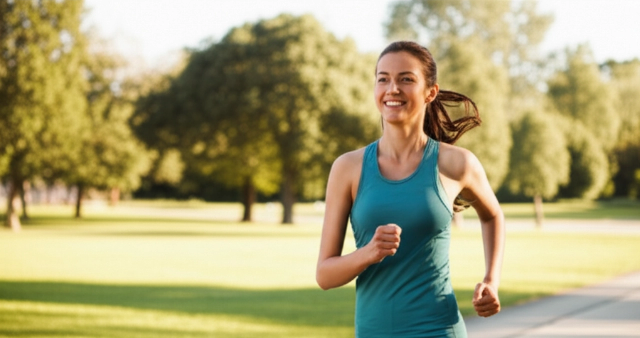 Una donna caucasica energica che fa jogging in un parco soleggiato, simbolo di vitalità e benessere raggiunti.