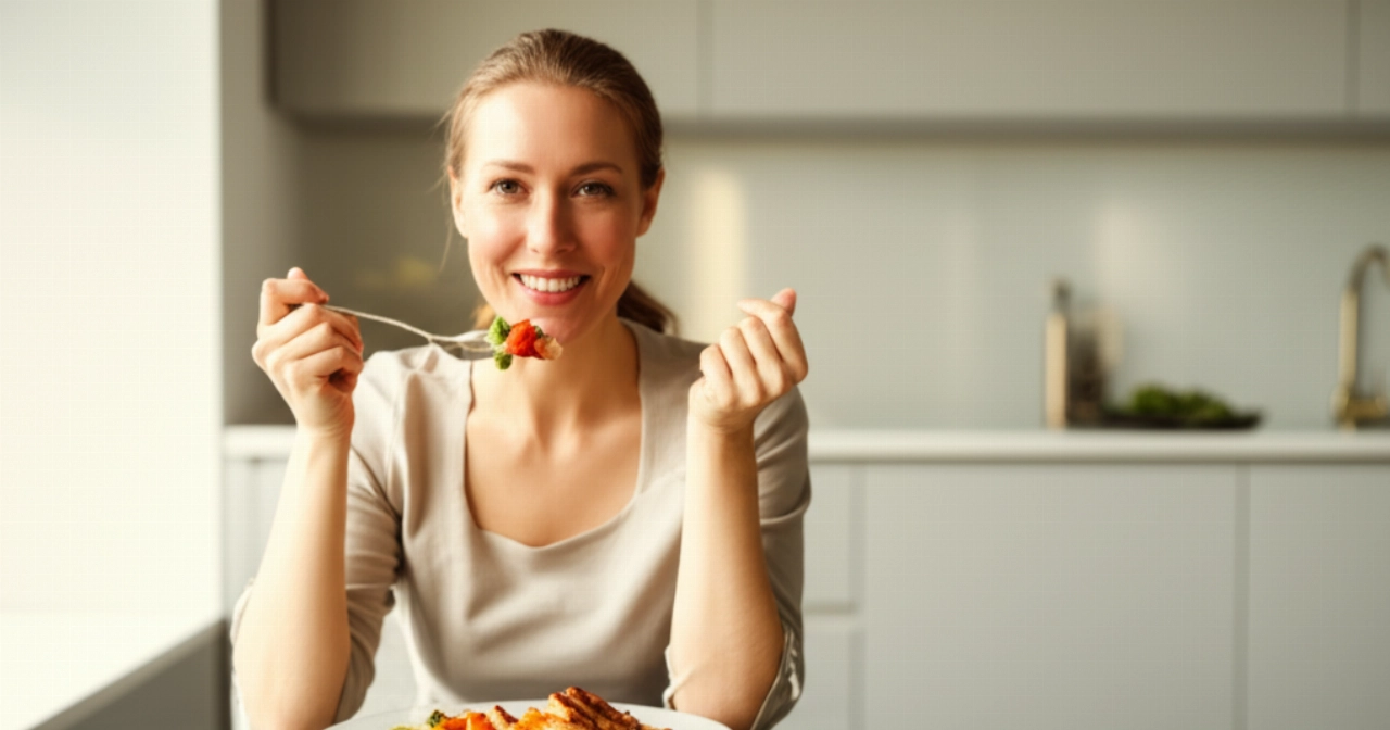 Una donna caucasica sorridente che gusta un pasto sano e ricco di proteine in una cucina luminosa, che riflette un benessere generale.