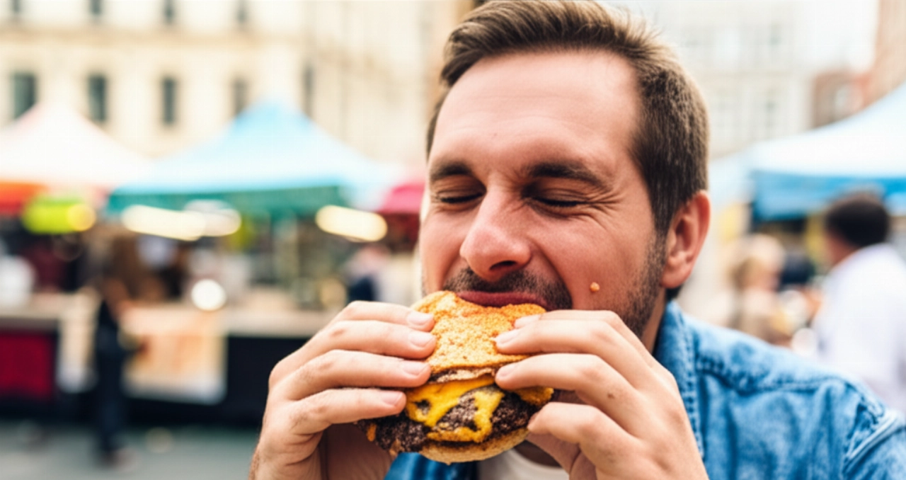 Uomo caucasico che addenta con gusto un cheeseburger succulento in un mercato alimentare all'aperto.