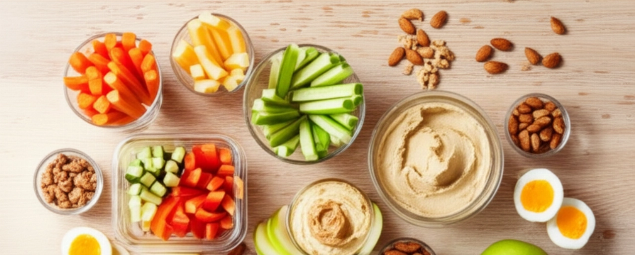 Una varietà di spuntini sani e porzionati, tra cui verdure con hummus, frutta secca e uova sode, disposti su un tavolo di legno.