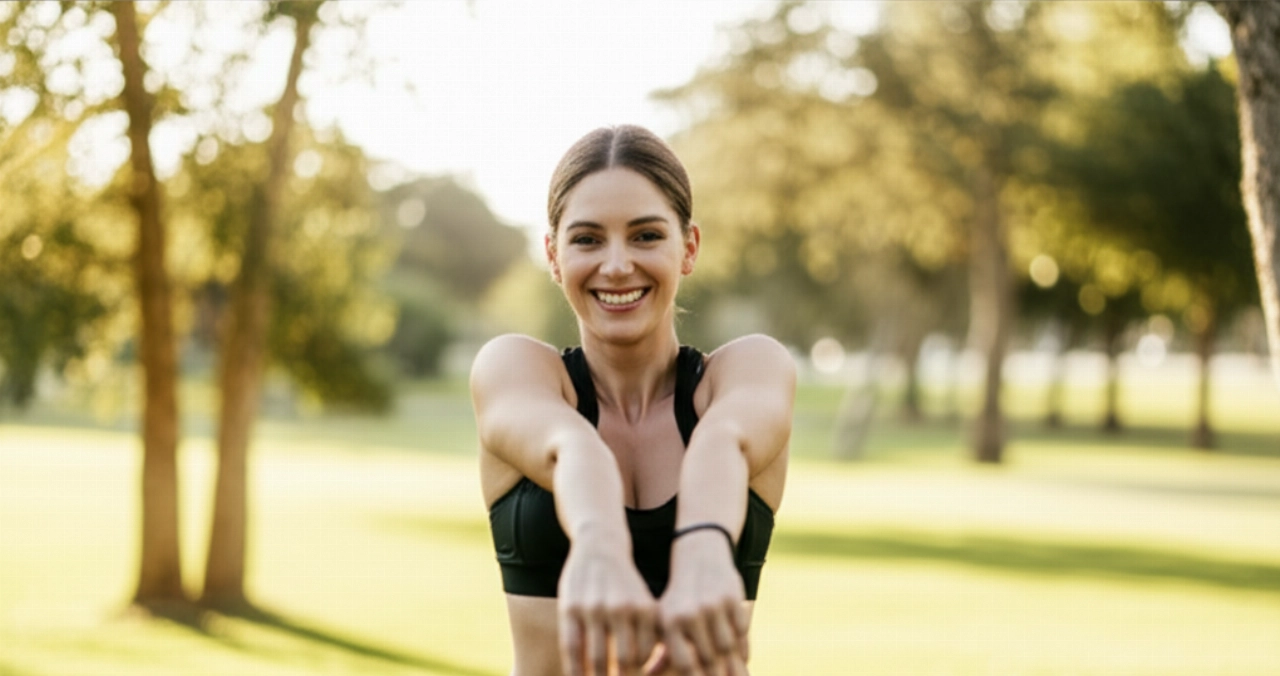 Una donna caucasica sorridente e in forma si allena all'aperto in un parco, simbolo di benessere e salute.