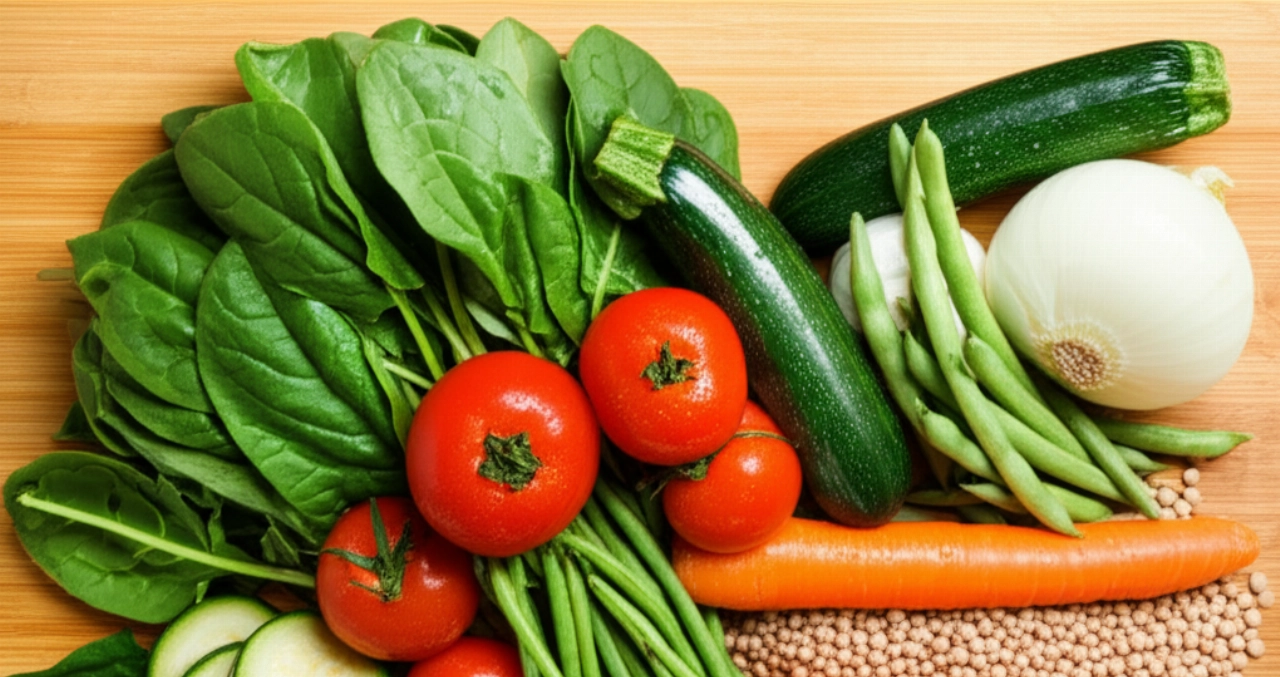 Una composizione artistica di verdure fresche e legumi vibranti, come spinaci, pomodori e carote, disposti su un tagliere di legno chiaro, con goccioline d'acqua.
